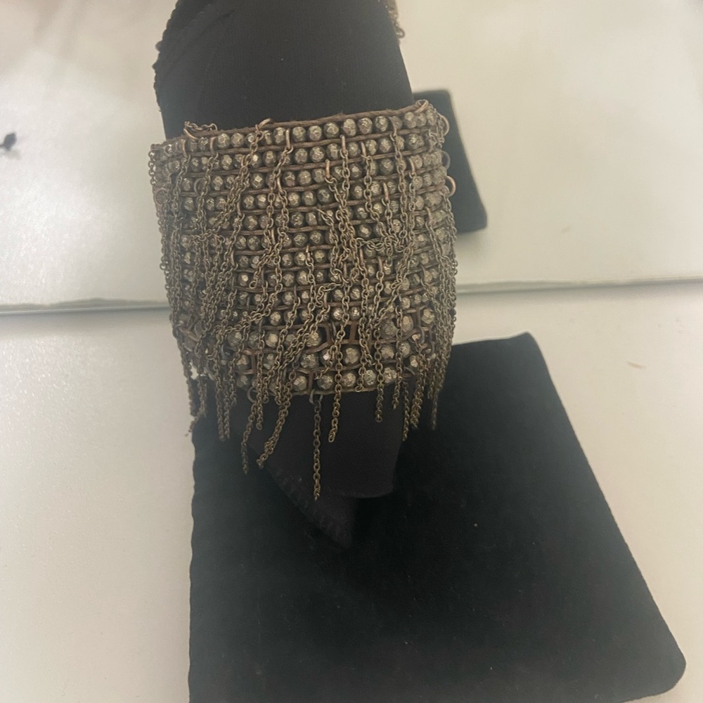 Pyrite bead & fringe adjustable cuff bracelet